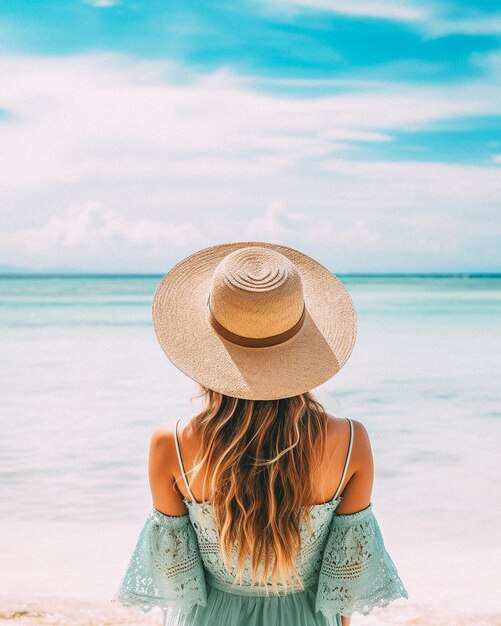 Vrouw met een strohoed staat op het strand