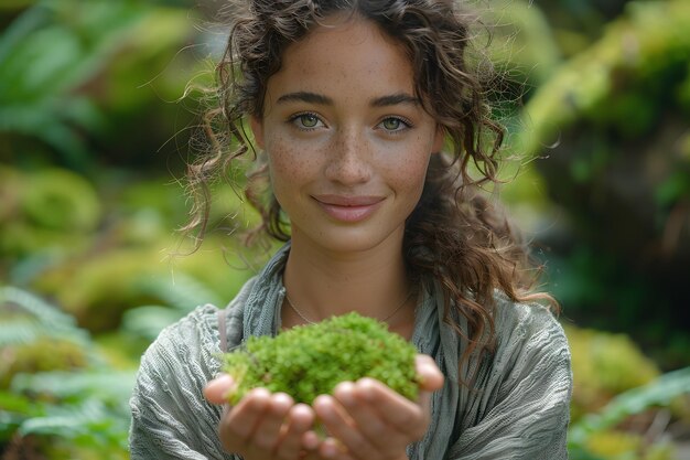 Foto vrouw met een stuk broccoli generatieve ai