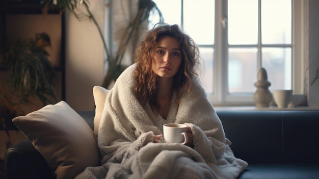 Vrouw met een verkoudheid gewikkeld in een warme deken zit op de bank op een wazige achtergrond AI