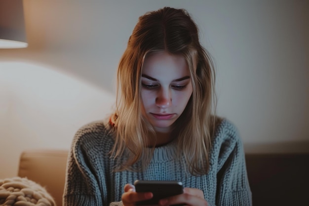 Vrouw met een verontruste uitdrukking controleert telefoon voor verontrustende updates