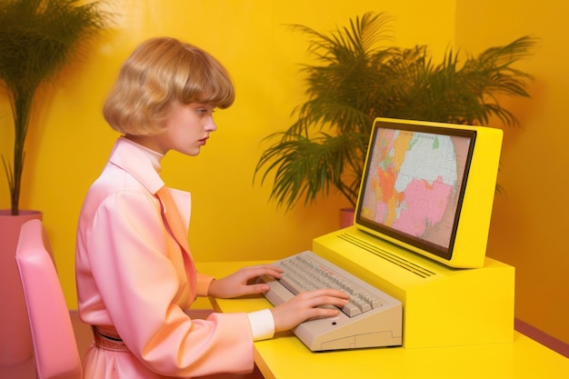 Vrouw met een vintage computer die op het toetsenbord typt Retro pop art concept met felle kleuren