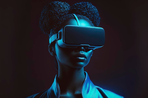 Vrouw met een virtual reality-headset blauw neonlicht