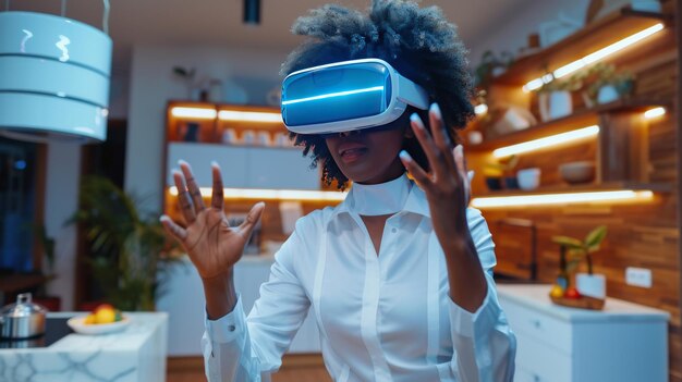 Foto vrouw met een virtual reality headset in de woonkamer