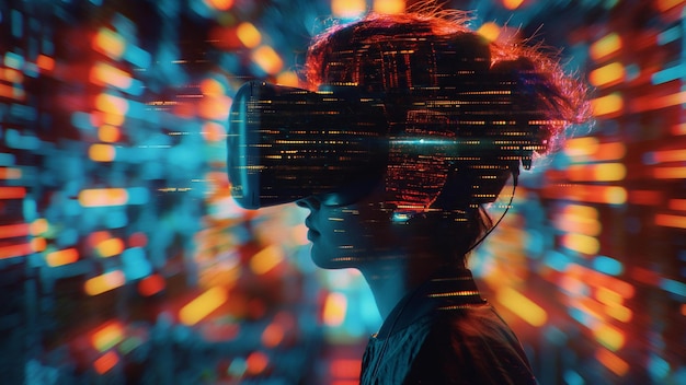 Vrouw met een virtual reality headset kleurrijke digitale innovatie toekomst tech disruptieve VR