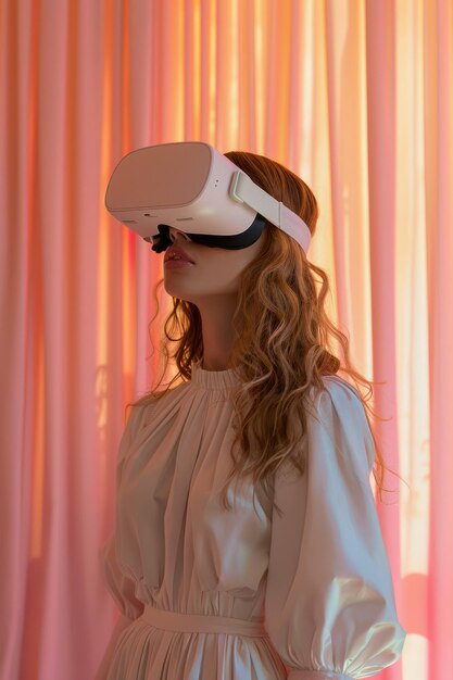 Foto vrouw met een virtual reality headset tegen een roze gordijn achtergrond futuristisch technologieconcept