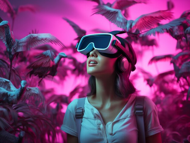 Vrouw met een virtuele bril tussen een zwerm vogels