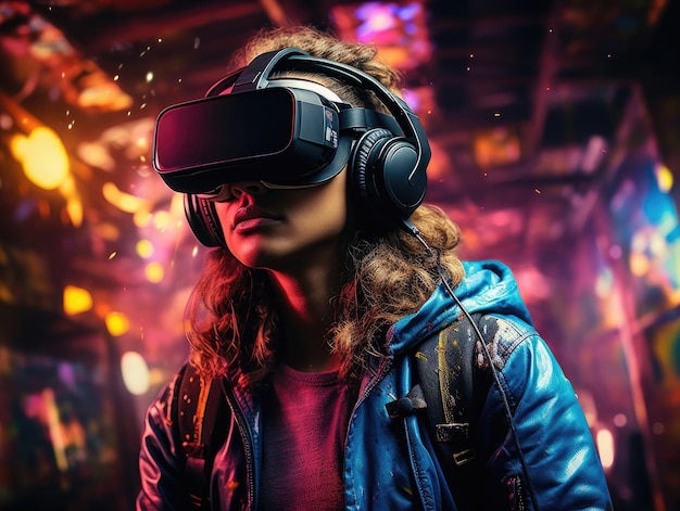 Vrouw met een VR-headset futuristische virtuele wereld digitale kunstillustratie en kleurrijk neonlicht op de achtergrond Generatieve AI