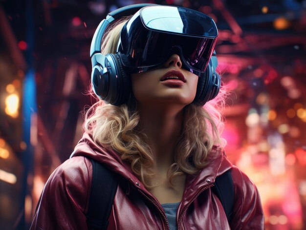 Vrouw met een VR-headset futuristische virtuele wereld digitale kunstillustratie en kleurrijk neonlicht op de achtergrond Generatieve AI
