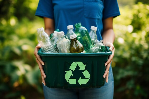 Foto vrouw met een vuilnisbak recyclingconcept recycle recycle plasticvrije junkfood plastic verpakkingen