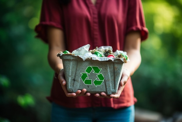 vrouw met een vuilnisbak recyclingconcept Recycle recycle plasticvrije junkfood plastic verpakkingen