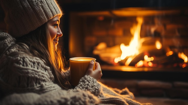 Vrouw met een warm drankje bij het fornuis Gegenereerd met AI