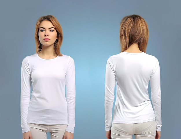 Foto vrouw met een wit t-shirt met lange mouwen voor- en achterzijde