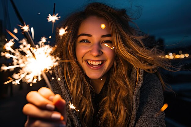 Foto vrouw met feestelijke glitters op kerstavondfeest