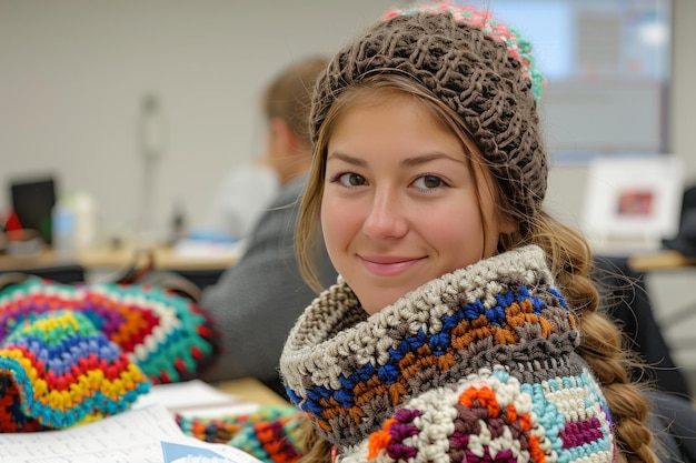 Foto vrouw met gebreide sjaal en hoed