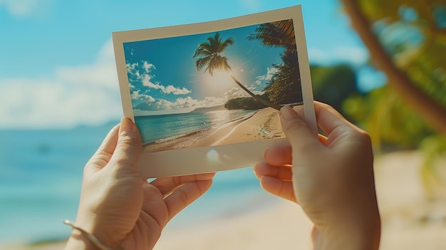 Vrouw met gedrukte vakantiefoto's in haar handen Herinneringen van een vakantie aan zee