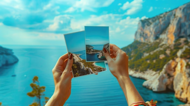 Vrouw met gedrukte vakantiefoto's in haar handen Herinneringen van een vakantie aan zee