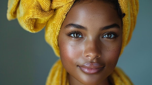 Vrouw met gele handdoek op het hoofd