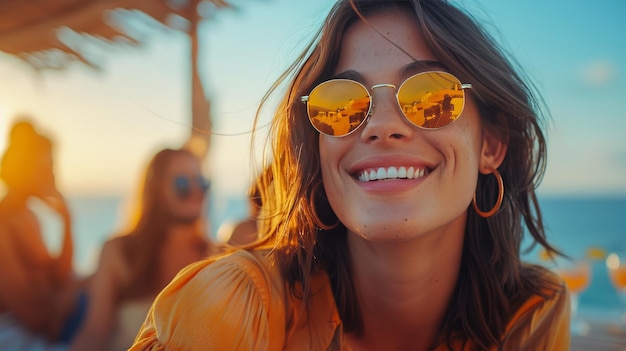 Vrouw met gele zonnebril op het strand