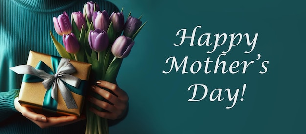 Vrouw met geschenkdoos en tulpenboeket moederdag of vrouwendag maart achtergrond