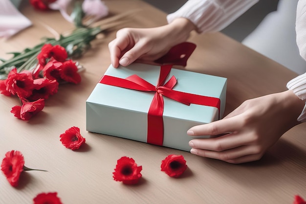 vrouw met geschenkdoos met rozen op witte achtergrond