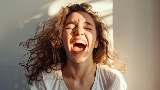 Vrouw met gesloten ogen en blazend haar