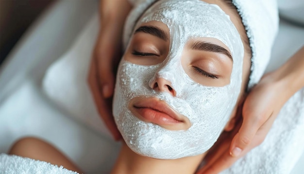 Vrouw met gezichtsmasker in de spa Gesichtspeelingmasker Spa schoonheidsbehandeling huidverzorging Vrouw die gezichtsbehandeling krijgt