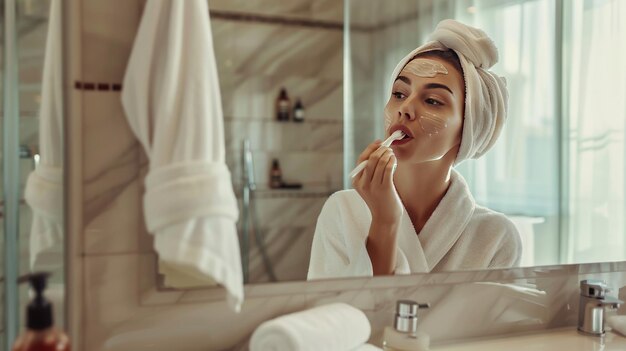 Vrouw met gezichtsmasker in een hedendaagse badkamer