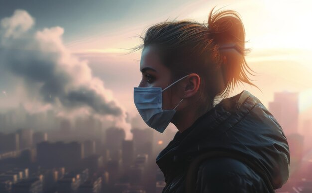 Foto vrouw met gezichtsmasker kijkt naar de skyline van de stad luchtvervuiling en smog beeld