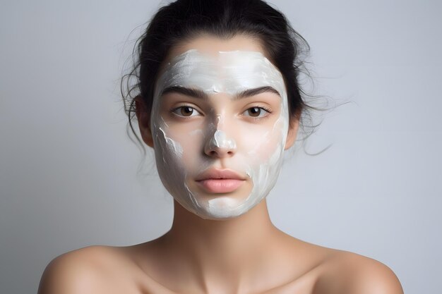 Vrouw met gezichtsmasker op witte achtergrond