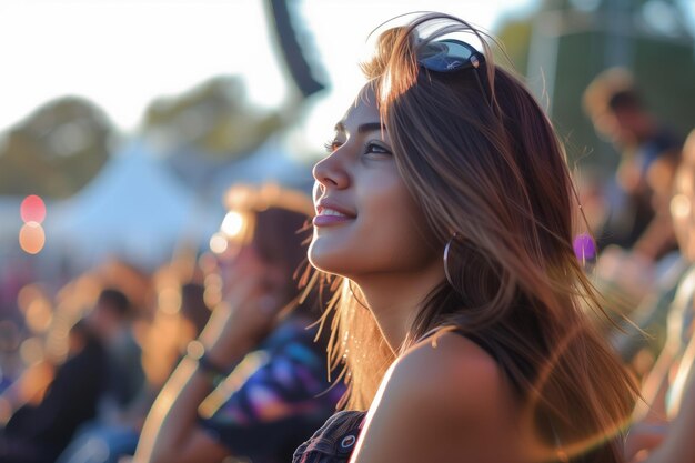 Foto vrouw met glanzende lokken die een openluchtconcert bijwoont