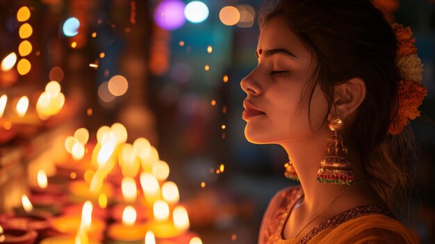 Foto vrouw met gouden kleding en sieraden diwali