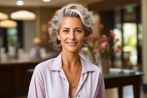 Vrouw met grijs haar en een ketting op haar nek Generatieve AI