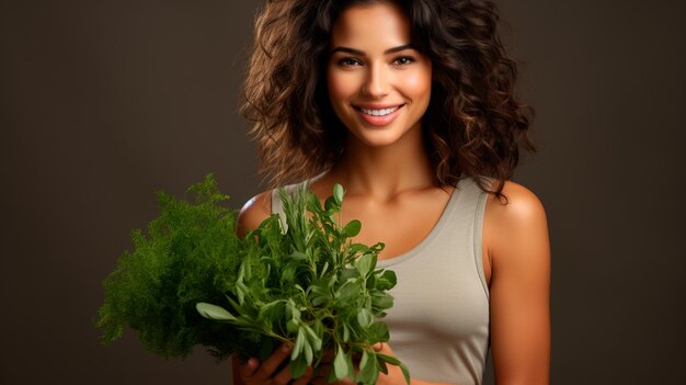 Vrouw met groene salade op grijze achtergrond