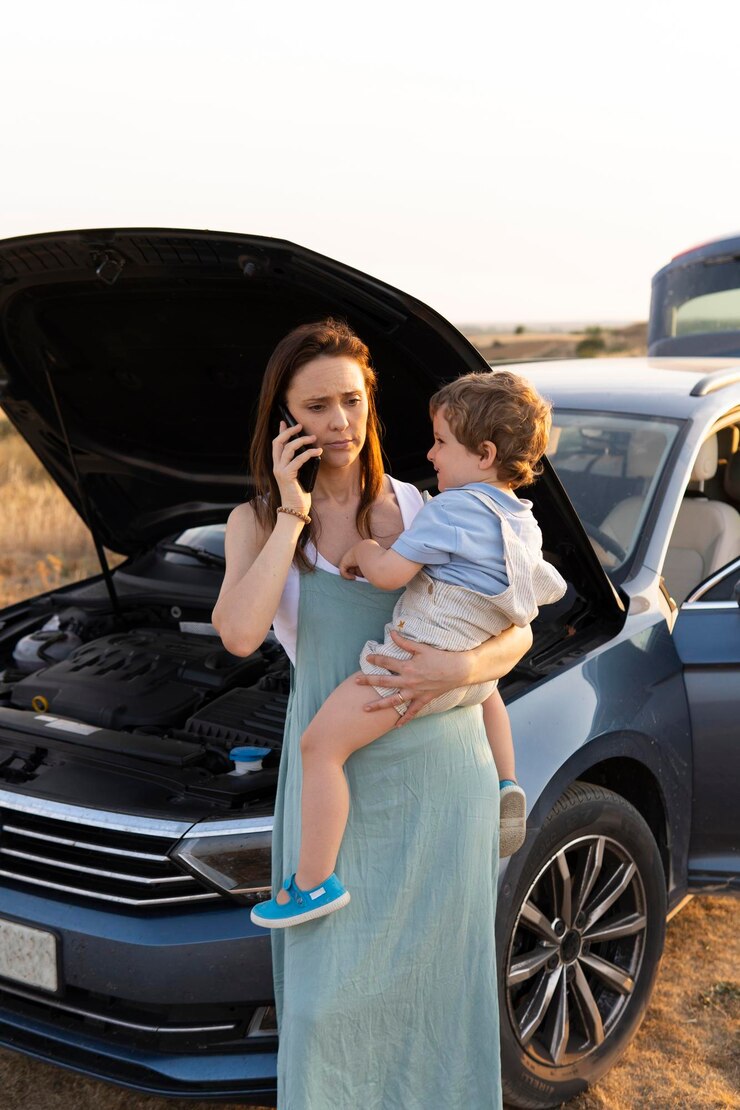 Vrouw met haar driejarige zoon met kapotte auto belt een sleepwagen of verzekeringsconcept voor pechhulp