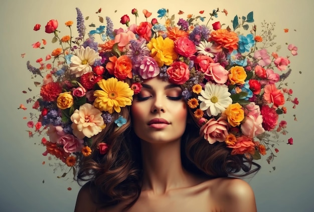 Vrouw met haar hoofd bedekt met AI gegenereerde bloemen