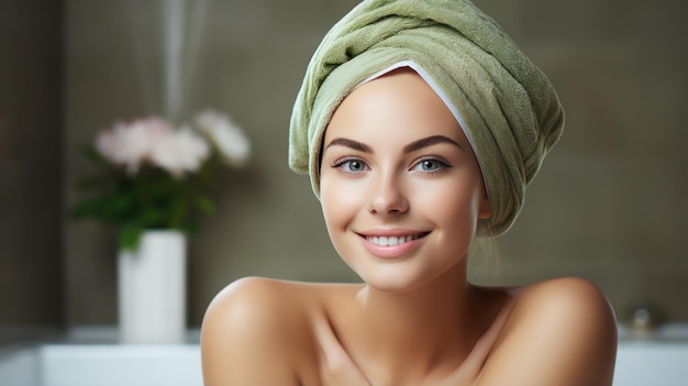 Vrouw met haar in een handdoek gewikkeld Haarverzorgingsroutine