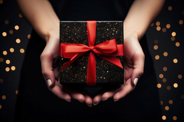 Foto vrouw met handen die een geschenkdoos met rood lint op zwarte achtergrond met lichten bokeh valentijnsdag vasthoudt