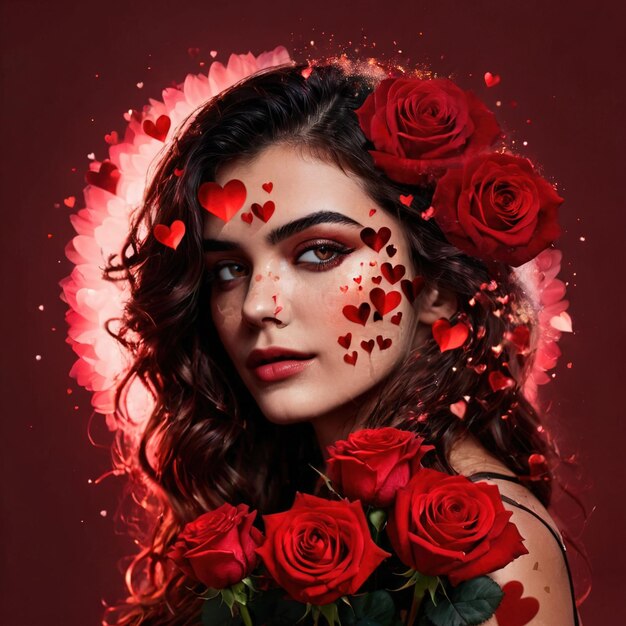 Vrouw met harten en rozen die liefde en romantiek toont digitale collage