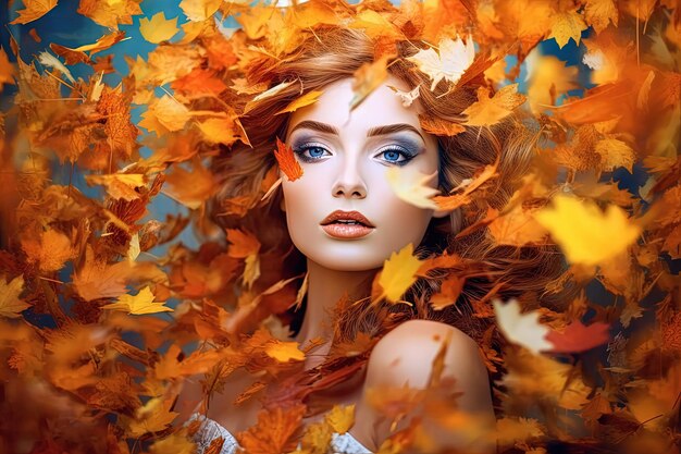 Vrouw met herfstbladerenkrans Portret van meisje in dromerige herfststemming met verspreide bladeren Gegenereerde AI