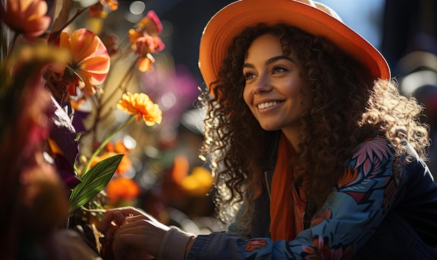 Vrouw met hoed en sjaal met een boeket bloemen