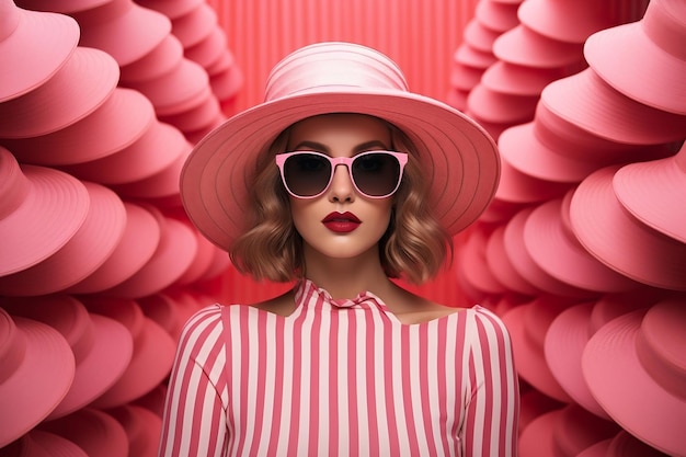 Vrouw met hoed zonnebril roze jurk en bijpassende roze schoenen Generatieve AI