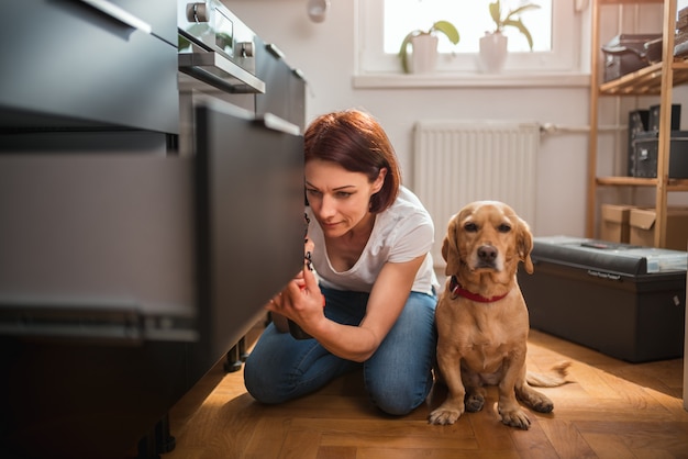 Vrouw met hond de bouwkeuken en het gebruiken van een draadloze boor