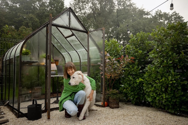 Vrouw met hond in achtertuin