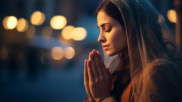 Vrouw met hoofddoek bidt tot God op straat een heilige feestdag