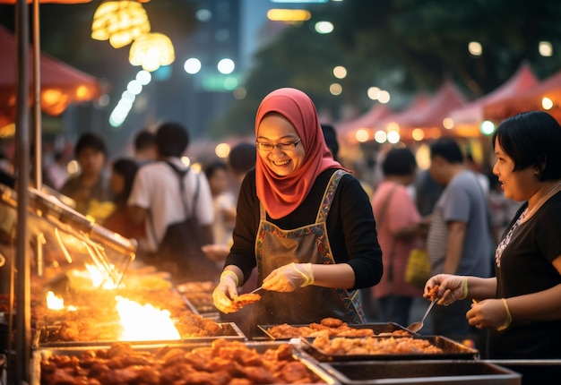 Vrouw met hoofddoek kookt op de grill