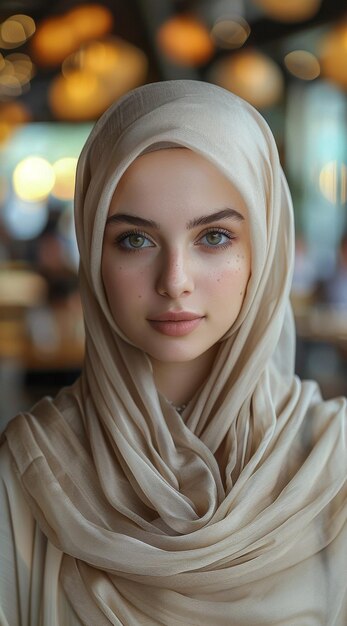 Vrouw met hoofddoek poseert voor foto