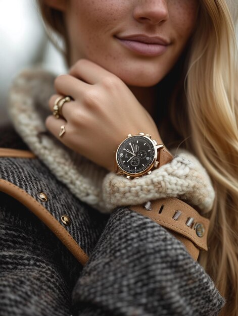 Foto vrouw met horloge en jas