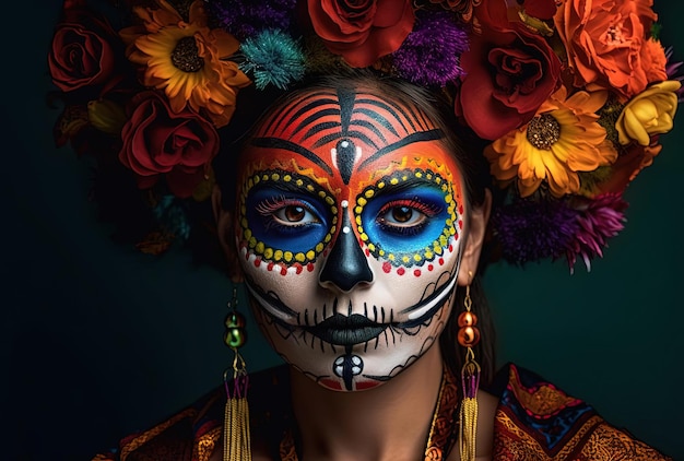 vrouw met kleurrijke suikerschedelmake-up op haar gezicht in de stijl van bill gekas