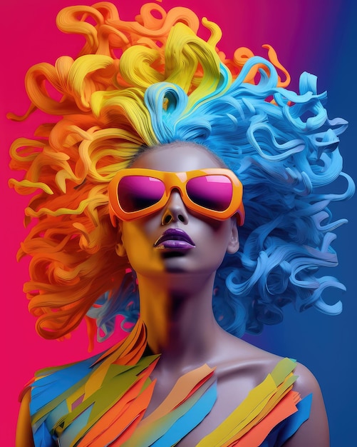 Vrouw met kleurrijke verf in haar haar en moderne zonnebril extreme close-up Generatieve AI