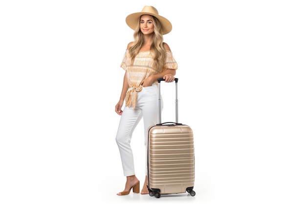 vrouw met koffer klaar voor de zomer reizen geïsoleerd op wit